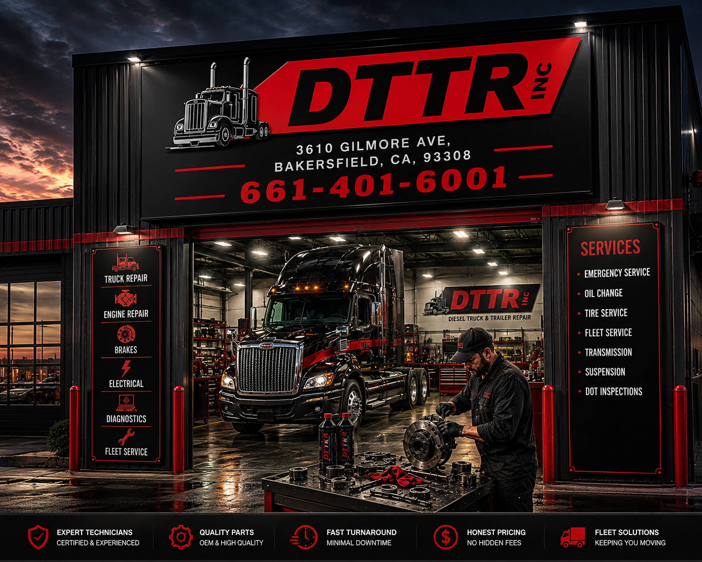 DTTR Inc truck repair shop showing services offered