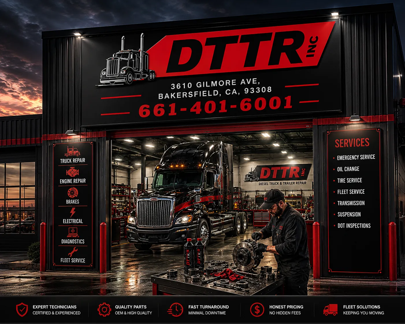 DTTR Inc truck repair shop showing services offered